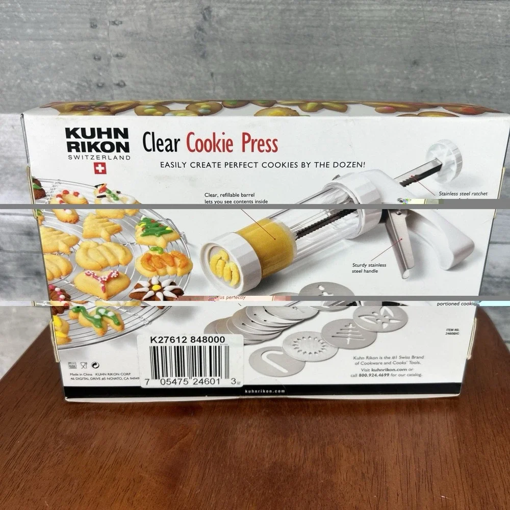 Kuhn Rikon Clear Cookie Press 2460 Stainless Steel Handle 14 Disks Spritz Maker